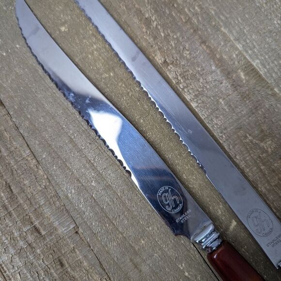 Vintage Glo-Hill Bakelite Knife Set – Brown & Amber Handles – 13” & 14” - Picture 3 of 8